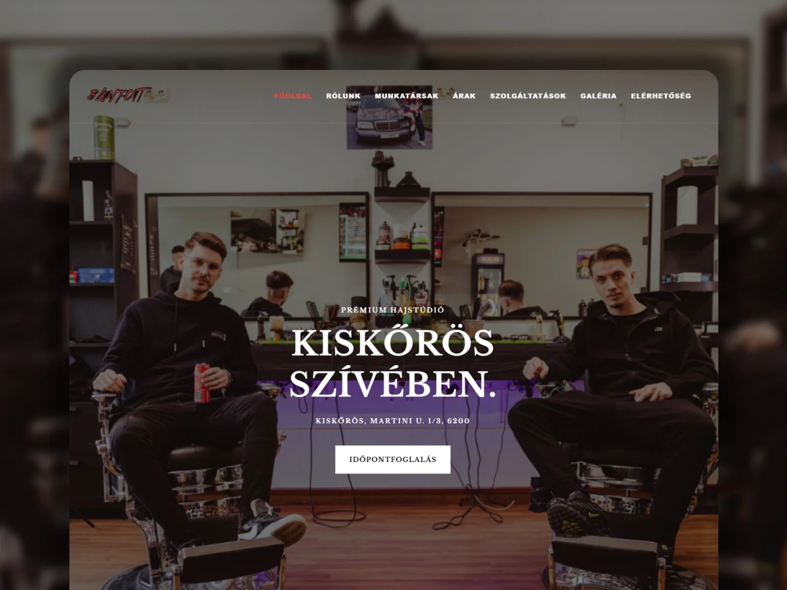 Blunt Cut prémium hajstúdió landing oldal — hero szekció, Nordstar webdesign munka