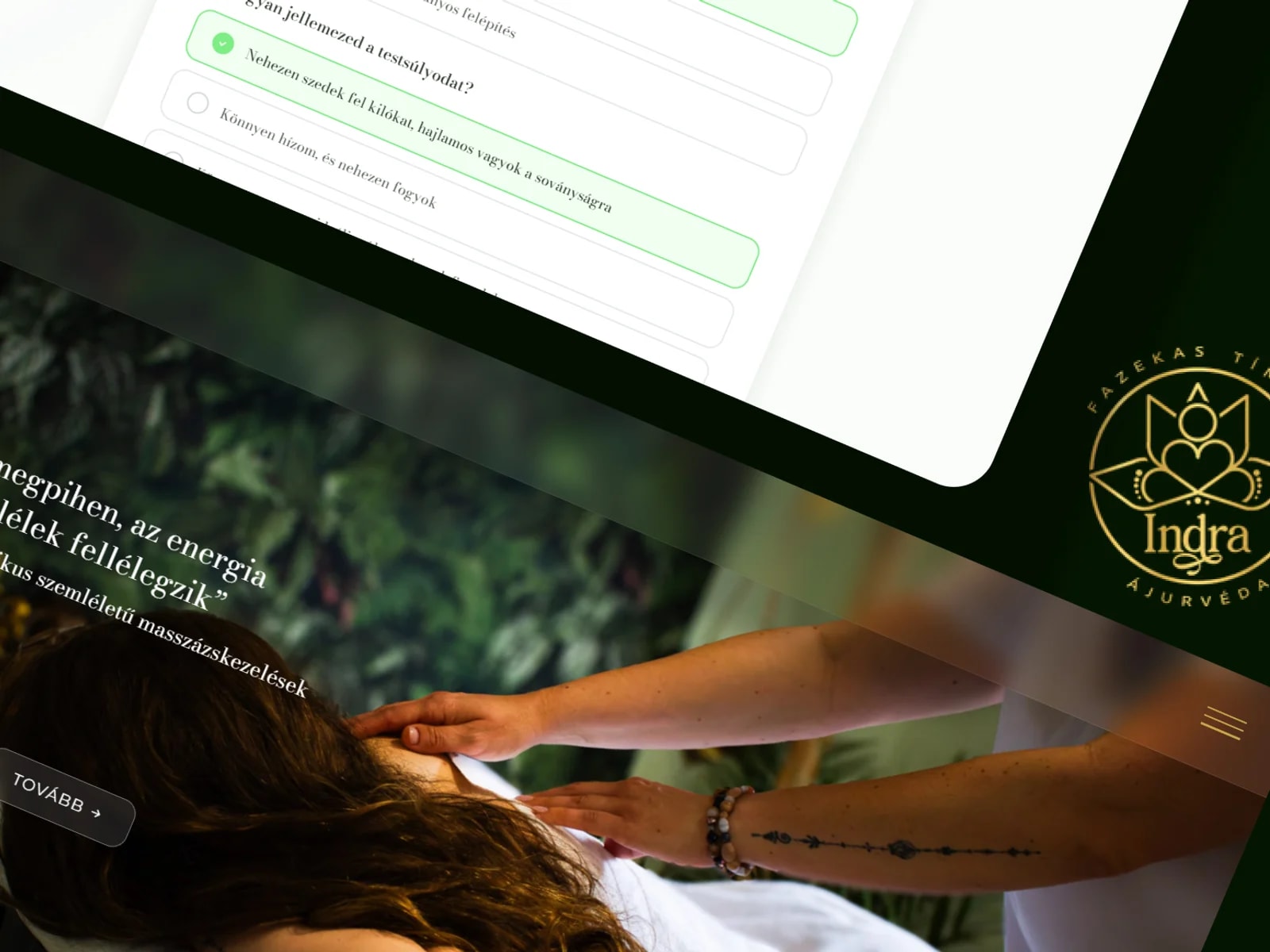 Indra Ájurvéda landing oldal — hero szekció és interaktív dosha-teszt, Nordstar webdesign munka
