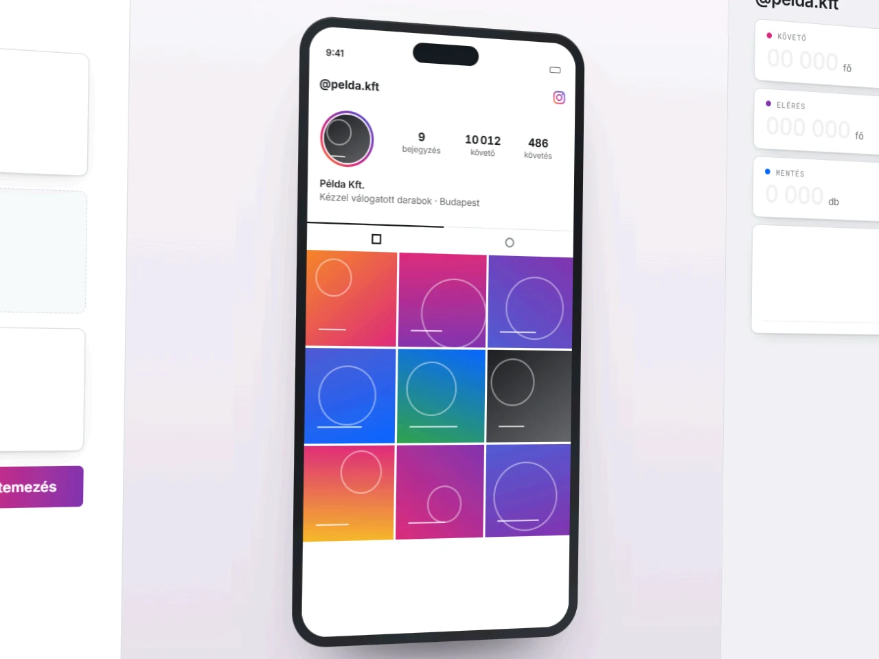 Instagram profilkezelés — heti tartalomnaptár kilenc ütemezett bejegyzéssel, a posztok feltöltik a profil rácsát egységes arculattá, majd a követők, az elérés és a mentések számának növekedése