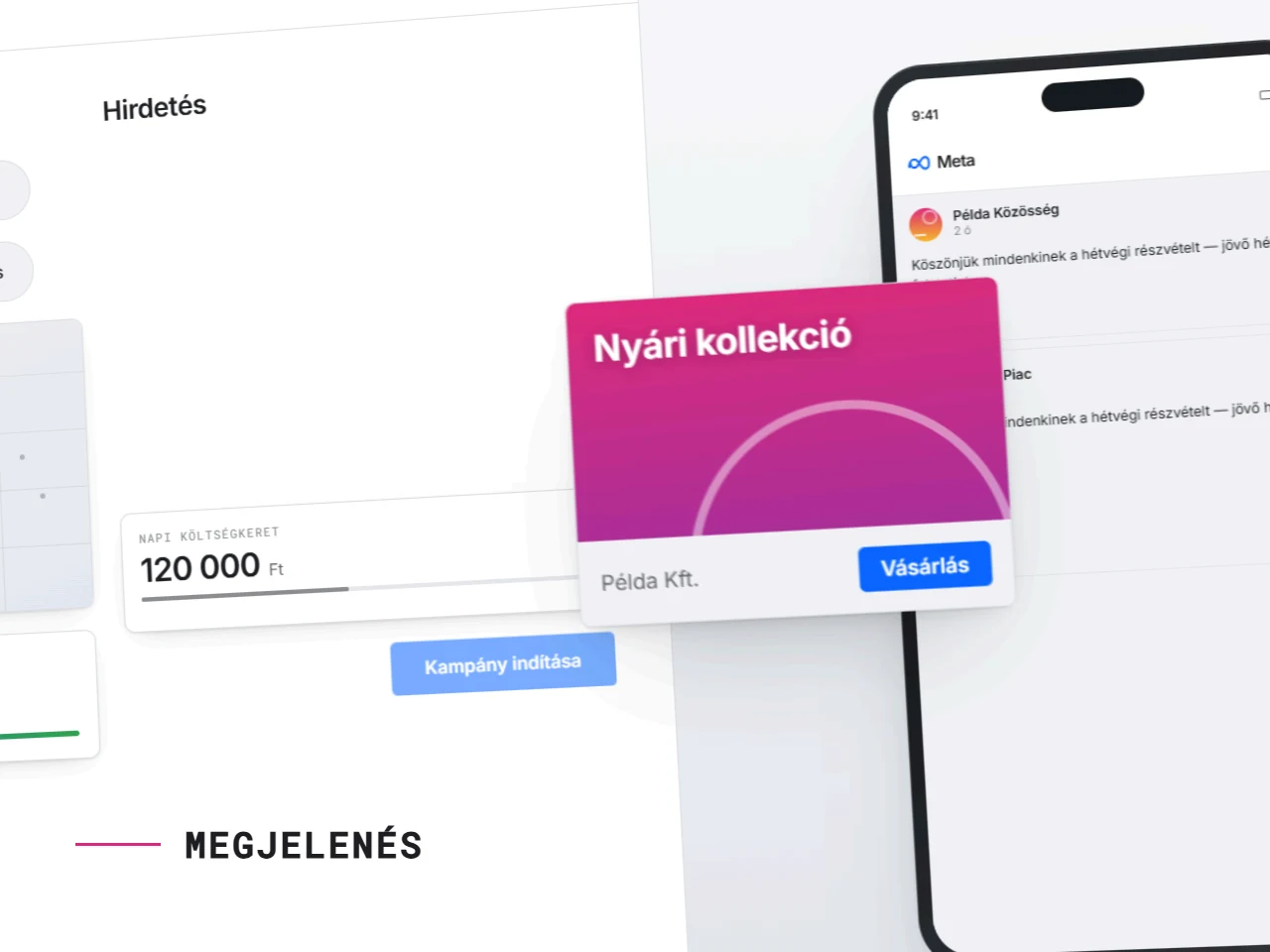 Meta hirdetéskezelés — célközönség beállítása korral, hellyel és érdeklődéssel, a becsült napi elérés növekedése, a hirdetés megjelenése a hírfolyamban, majd az elérés, a konverziók és a konverziós költség alakulása