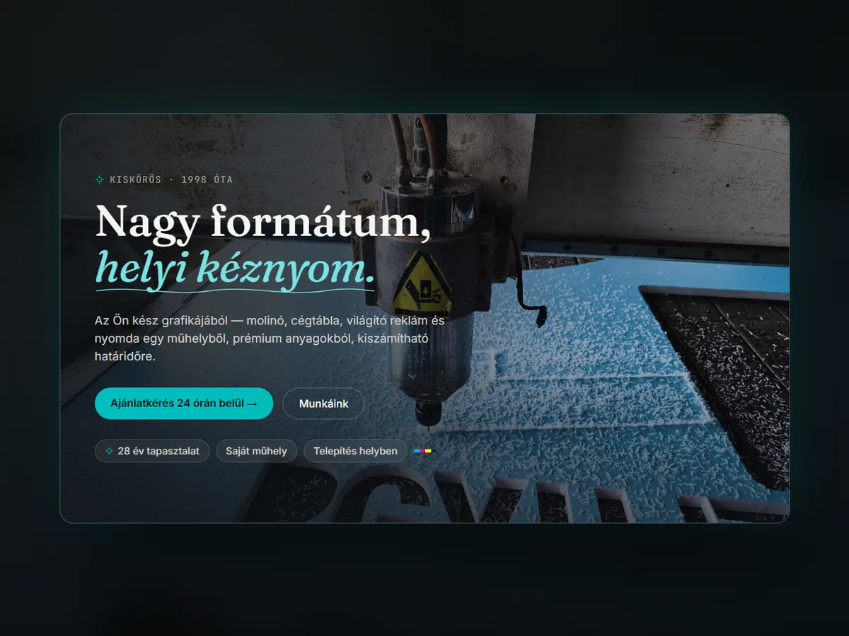 NogaDekor nagyformátumú nyomda landing oldal — hero szekció műhelyfilmmel, Nordstar webdesign munka